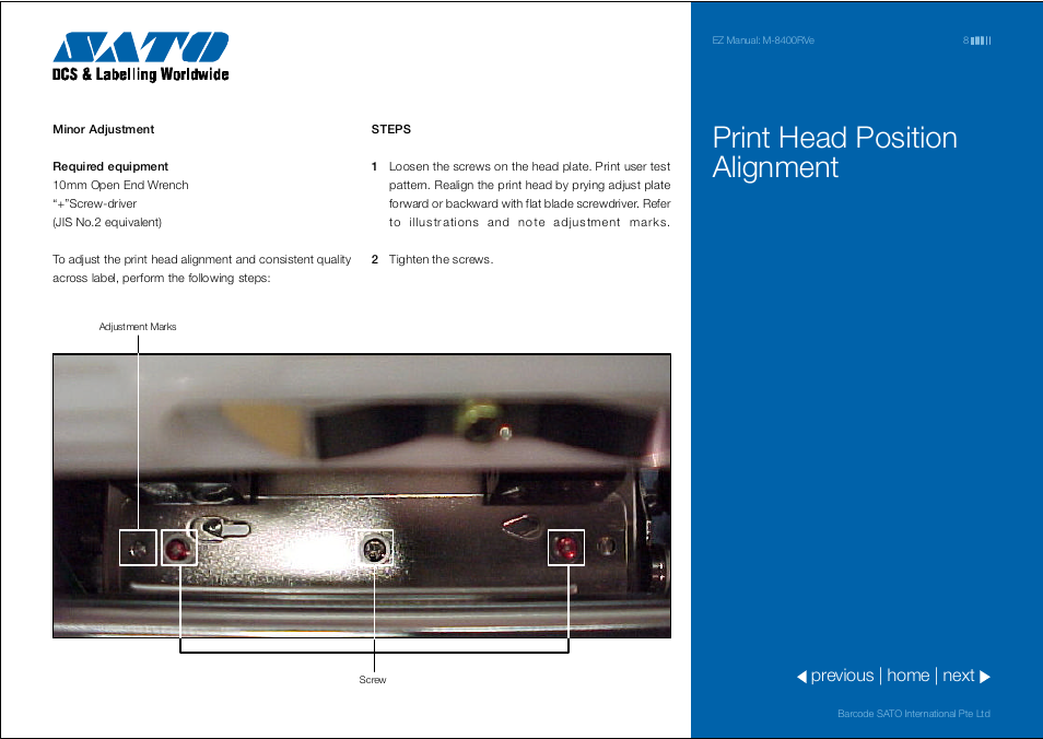 Print head position alignment | SATO M 8400RVe User Manual | Page 8 / 9