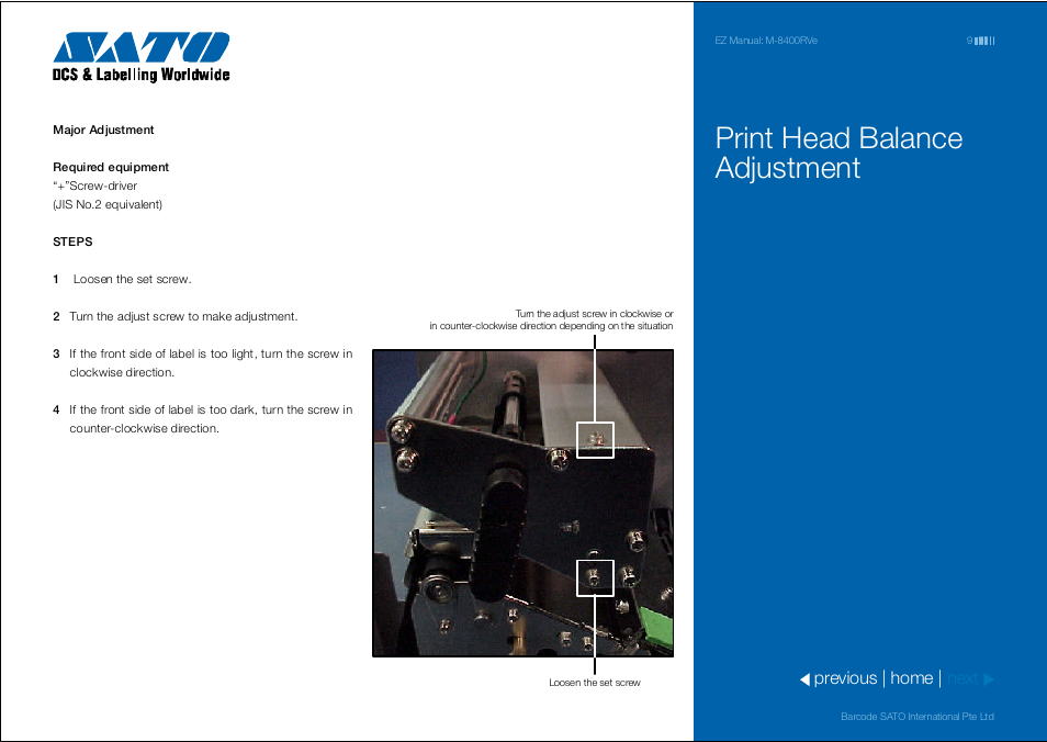 Print head balance adjustment | SATO M 8400RVe User Manual | Page 9 / 9