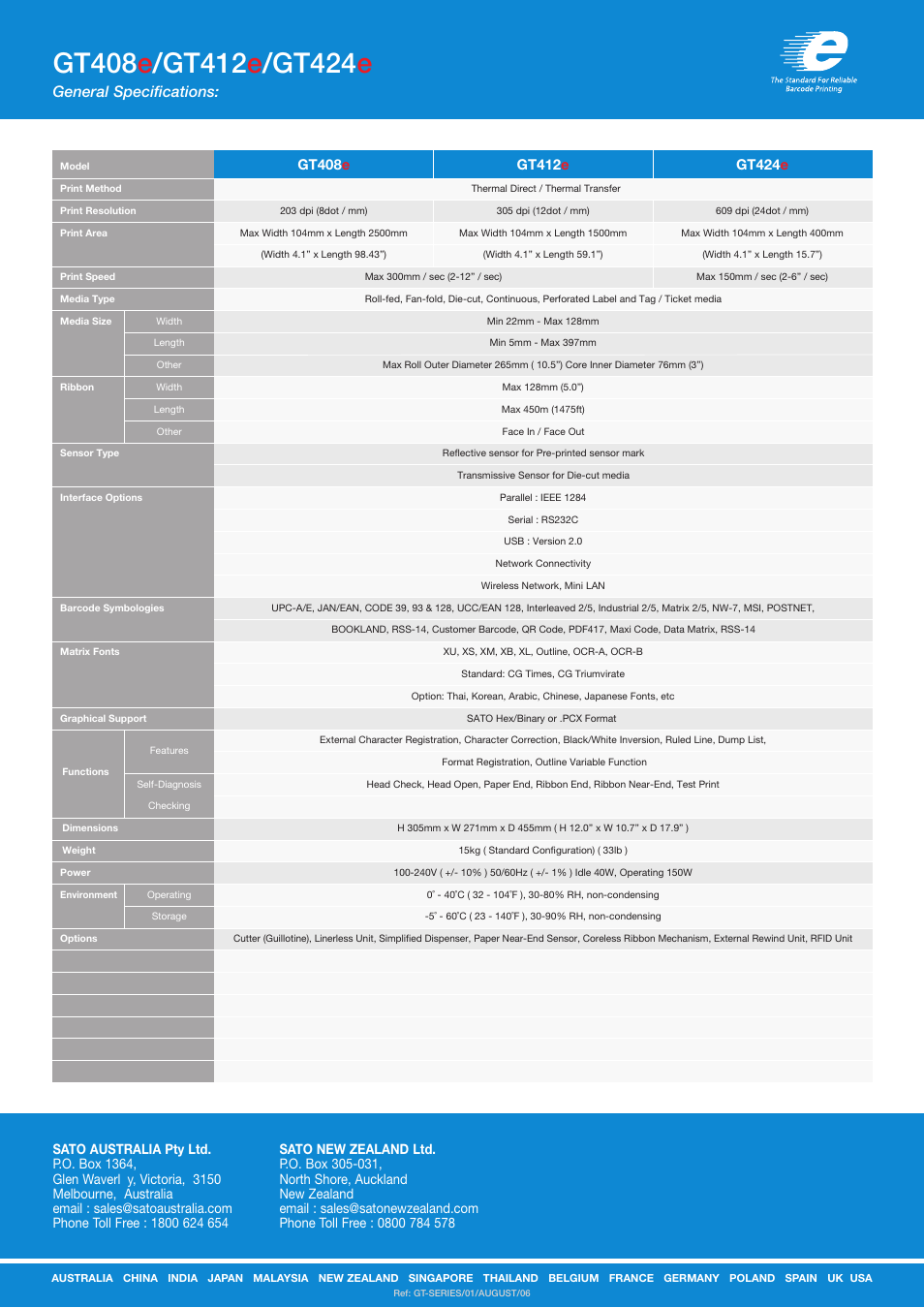 General specifications | SATO GT Series User Manual | Page 2 / 2