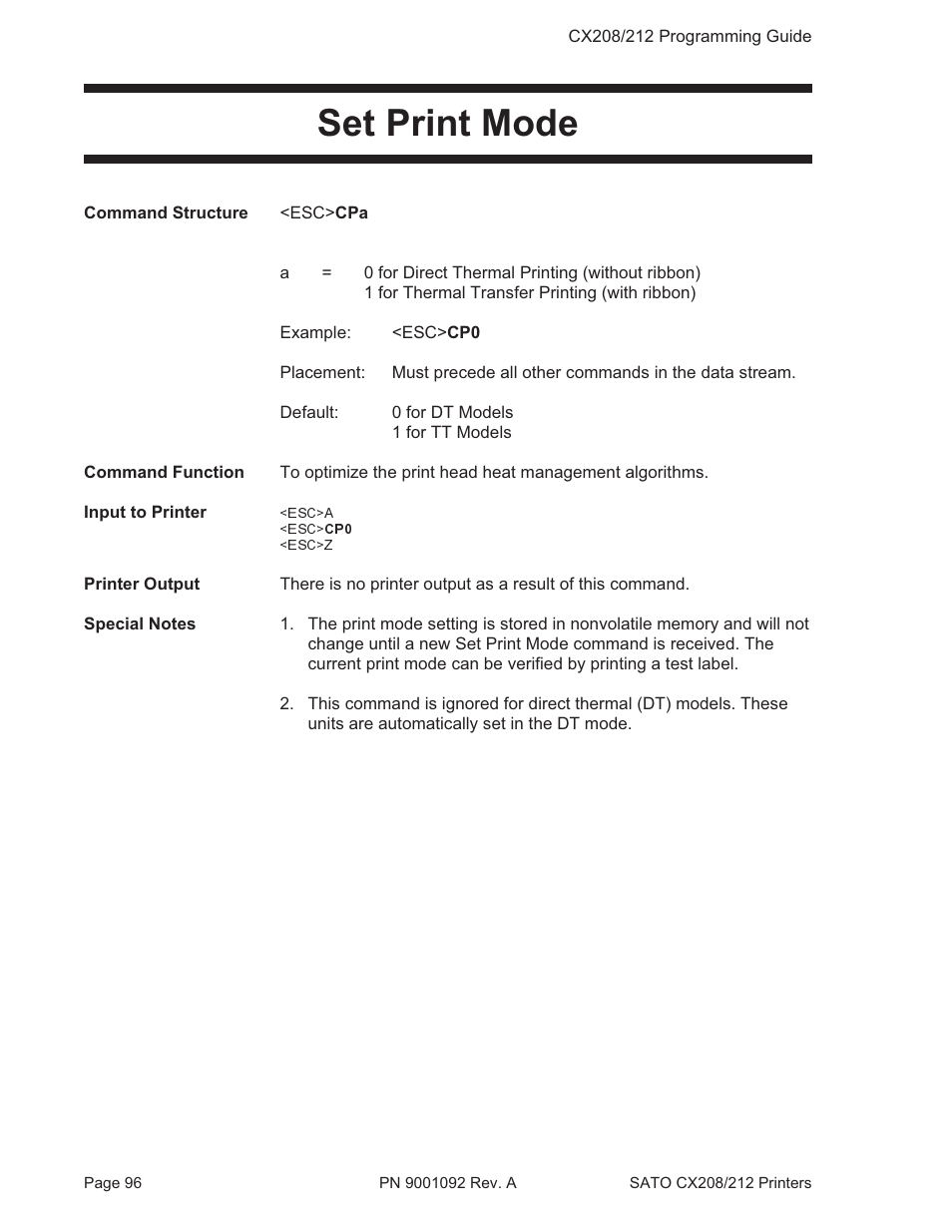 Set print mode | SATO CX208/212 User Manual | Page 100 / 104
