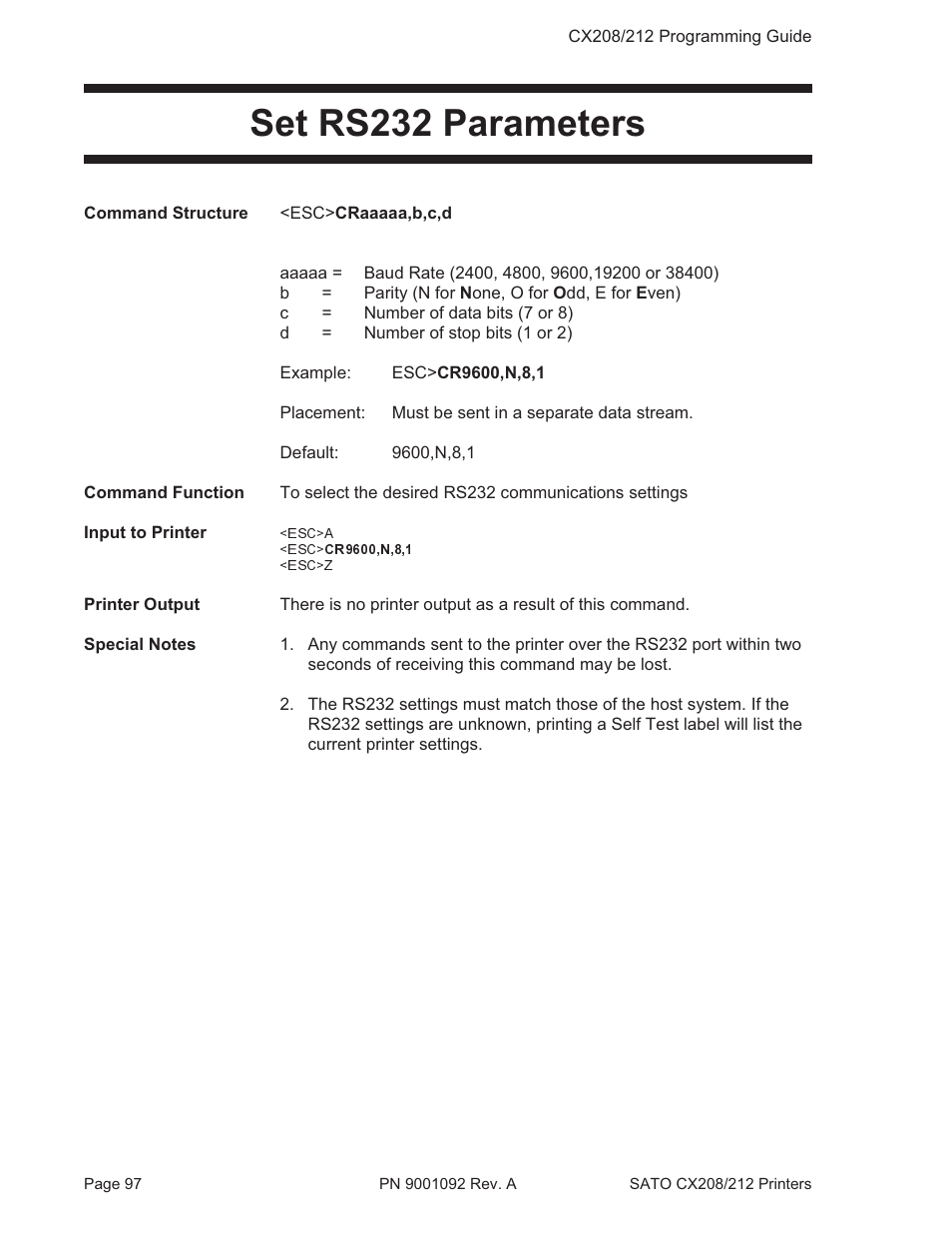 Set rs232 parameters | SATO CX208/212 User Manual | Page 101 / 104