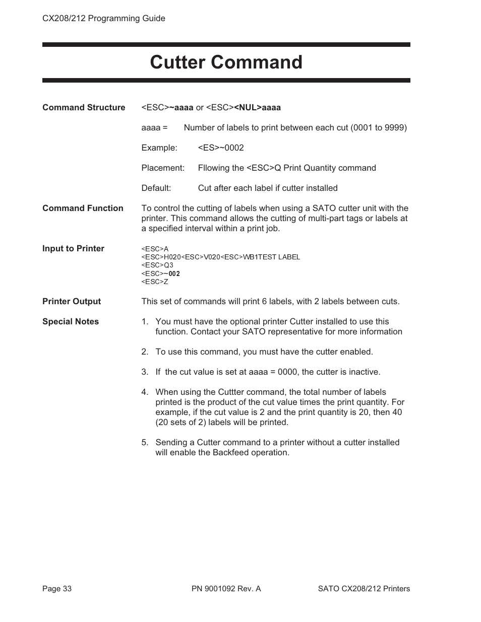 Cutter command | SATO CX208/212 User Manual | Page 37 / 104