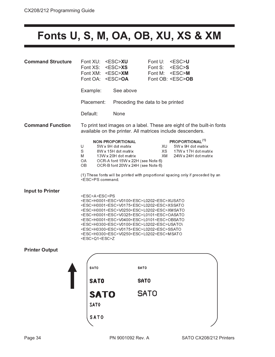 Fonts u, s, m, oa, ob, xu, xs & xm | SATO CX208/212 User Manual | Page 38 / 104