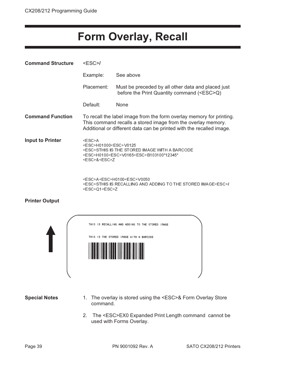 Form overlay, recall | SATO CX208/212 User Manual | Page 43 / 104