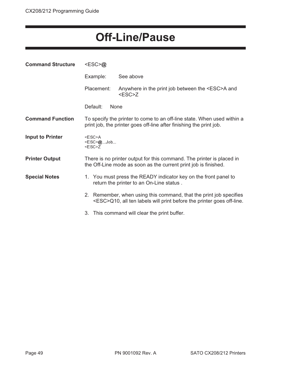 Off-line/pause | SATO CX208/212 User Manual | Page 53 / 104