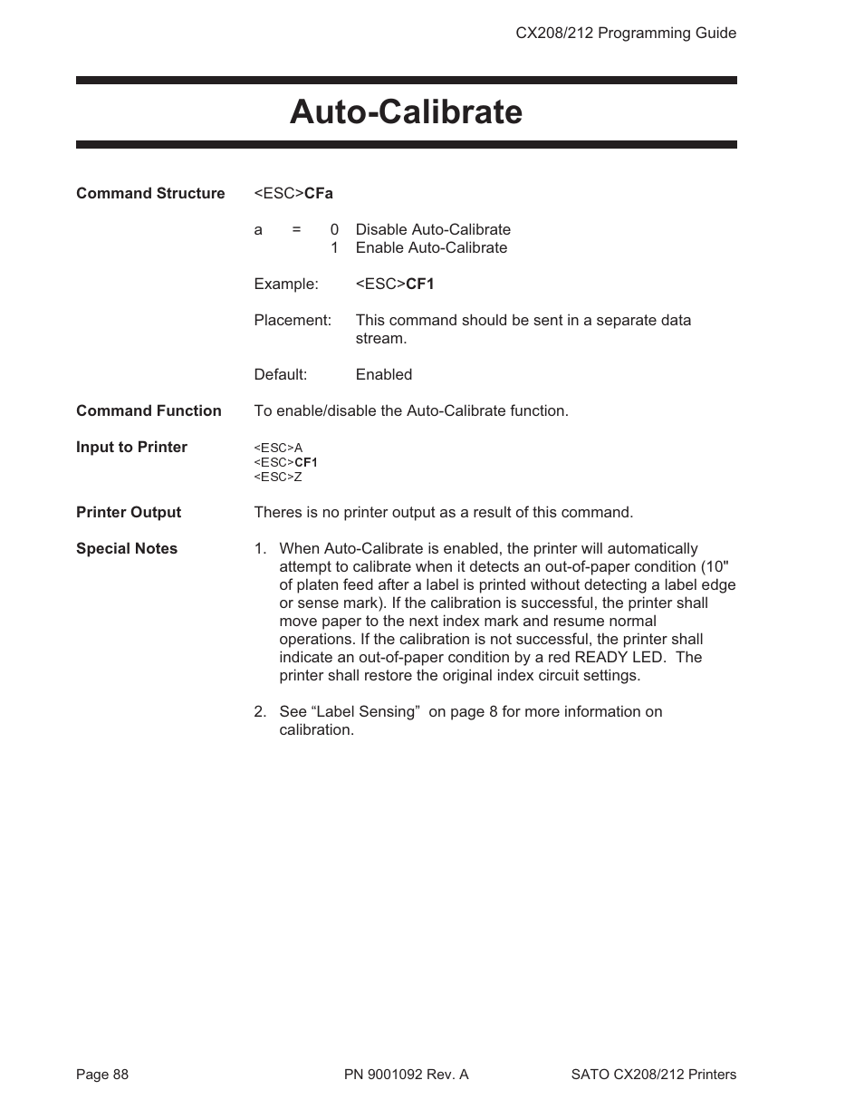 Auto-calibrate | SATO CX208/212 User Manual | Page 92 / 104