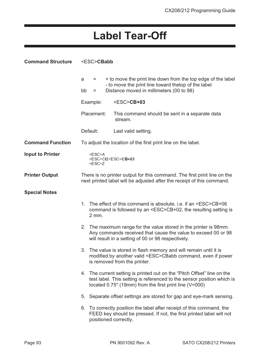 Label tear-off | SATO CX208/212 User Manual | Page 97 / 104