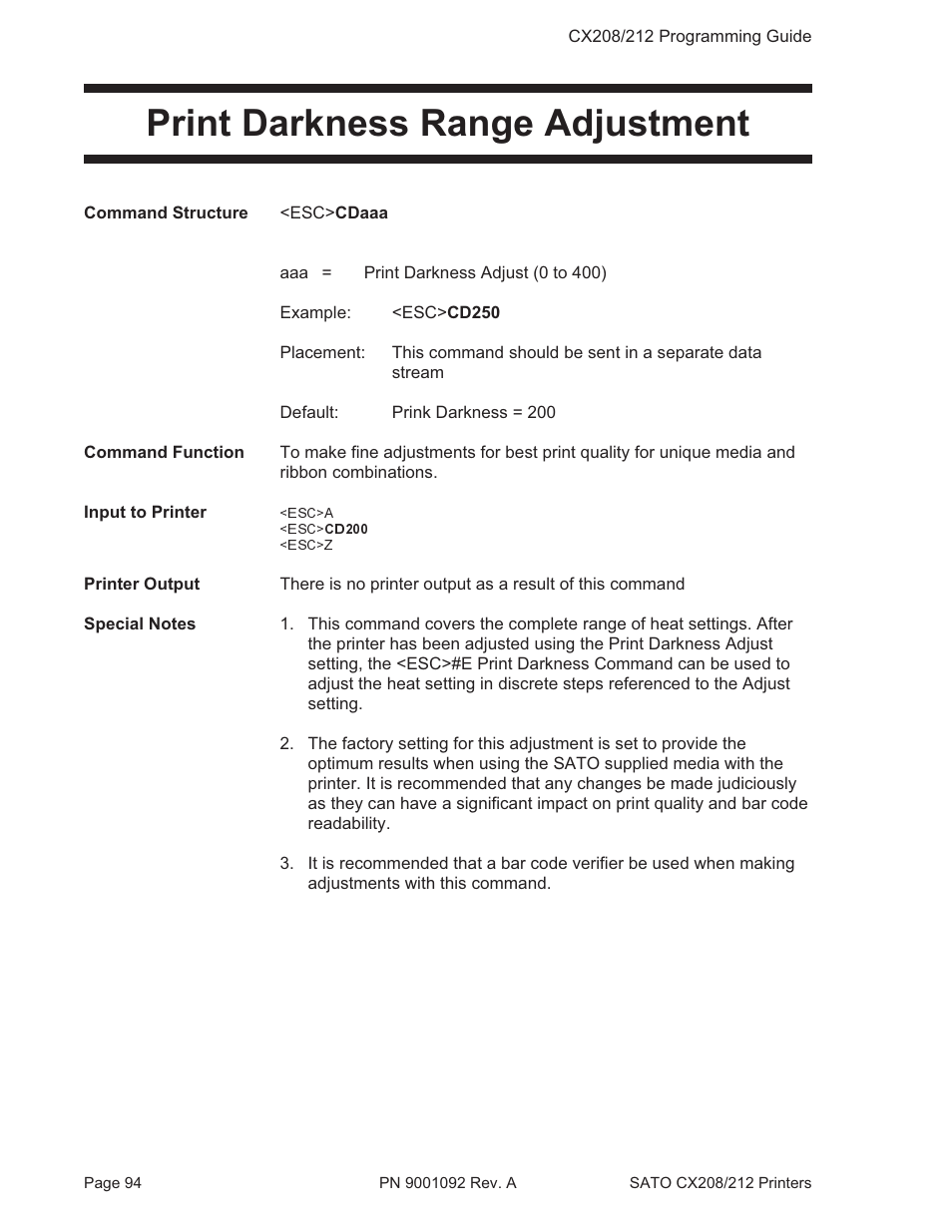 Print darkness range adjustment | SATO CX208/212 User Manual | Page 98 / 104