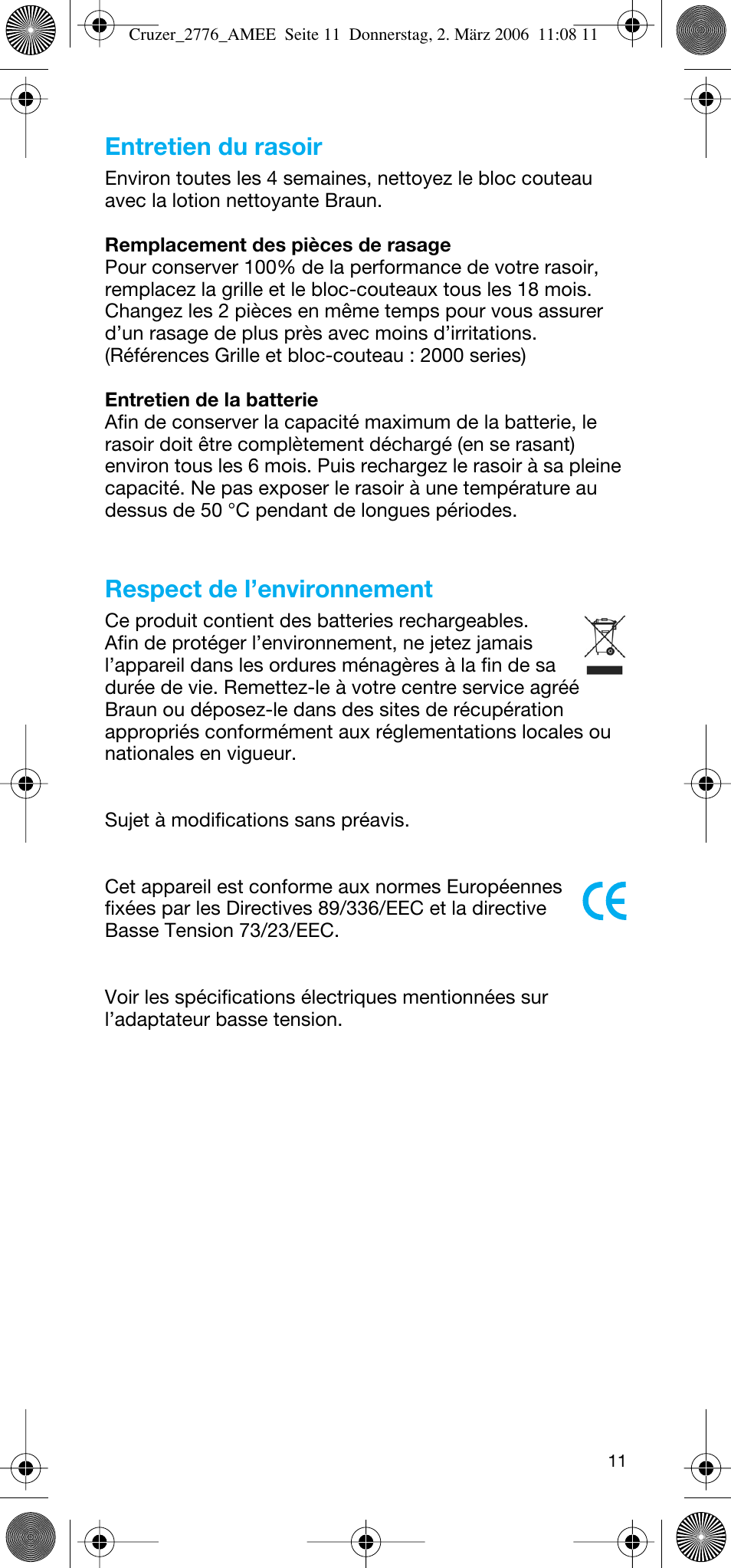 Entretien du rasoir, Respect de l’environnement | Braun 2776 User Manual | Page 10 / 51