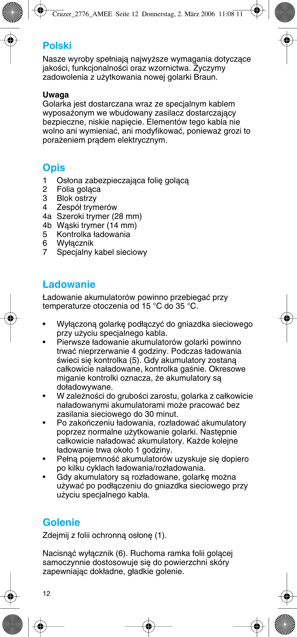 Polski, Opis, Adowanie | Golenie | Braun 2776 User Manual | Page 11 / 51