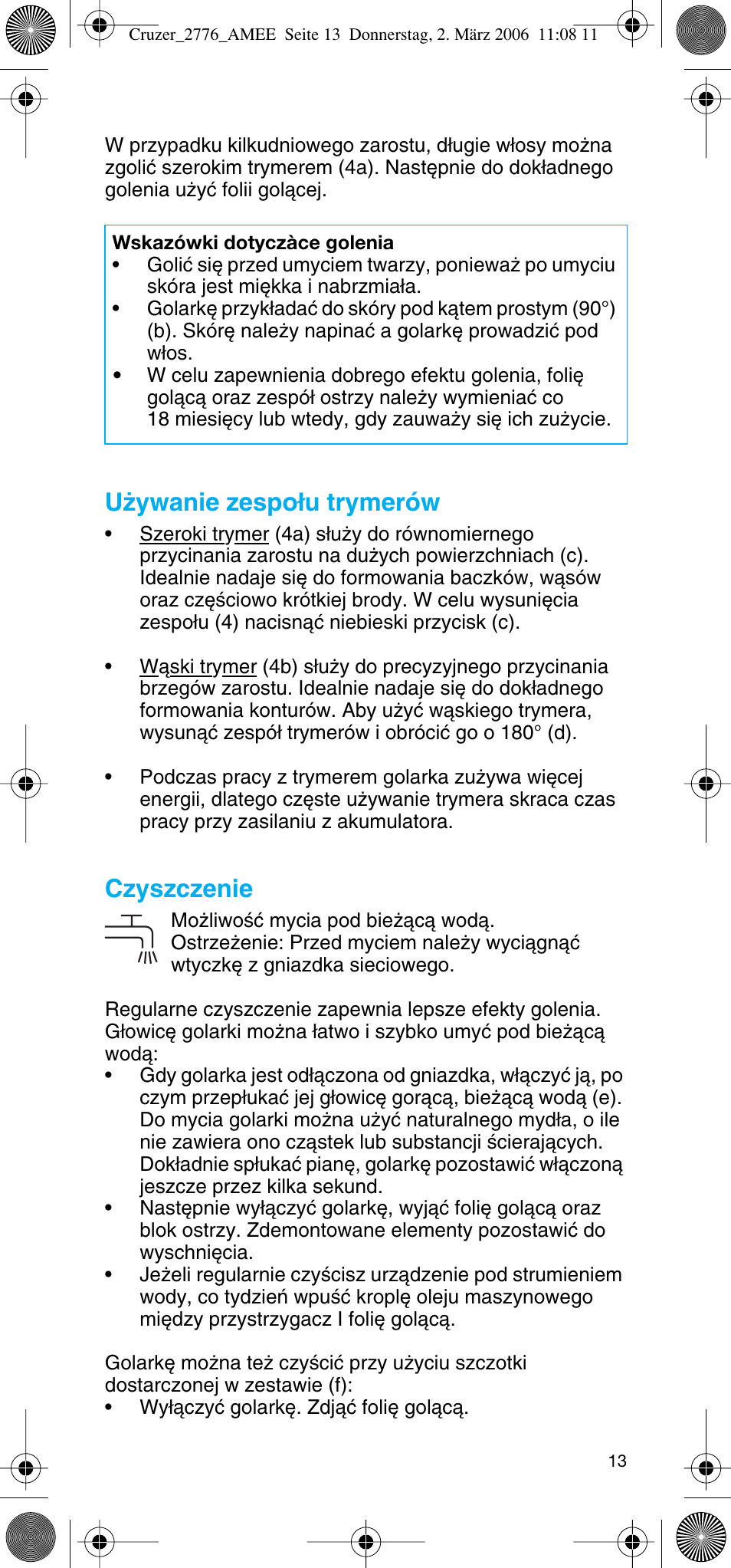 U˝ywanie zespo∏u trymerów, Czyszczenie | Braun 2776 User Manual | Page 12 / 51