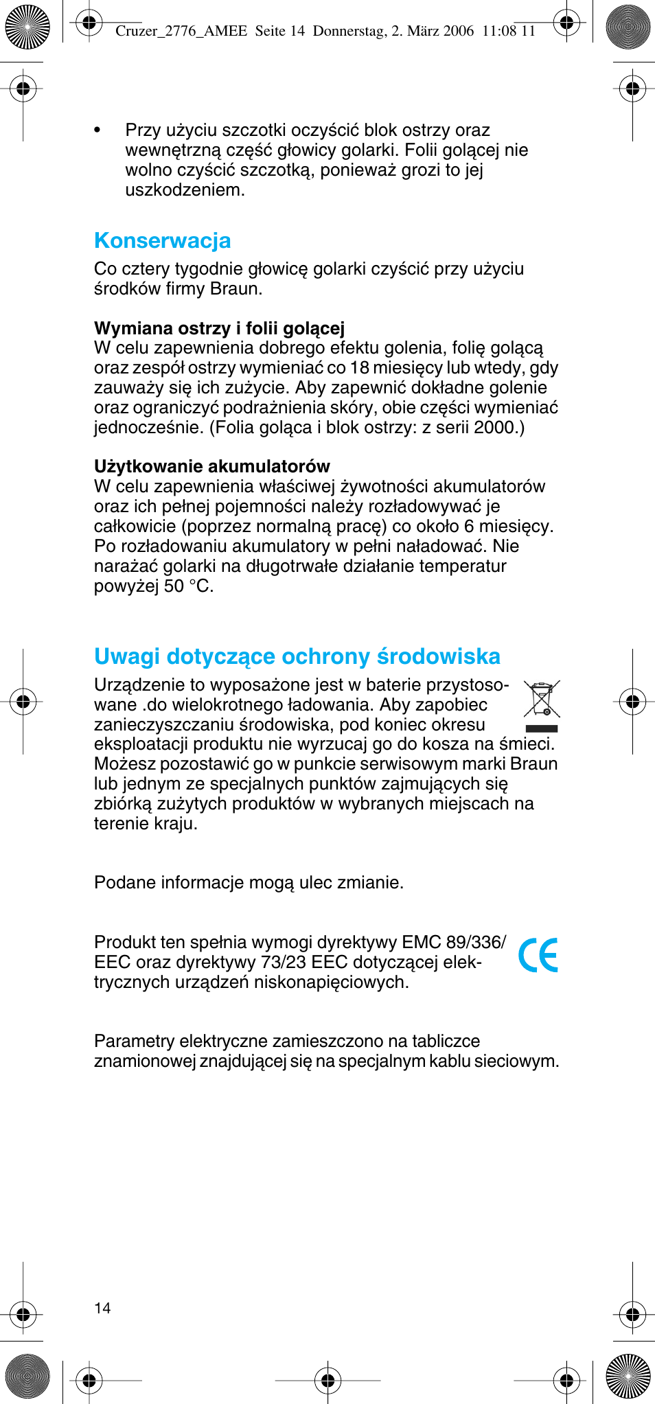 Konserwacja, Uwagi dotyczàce ochrony êrodowiska | Braun 2776 User Manual | Page 13 / 51