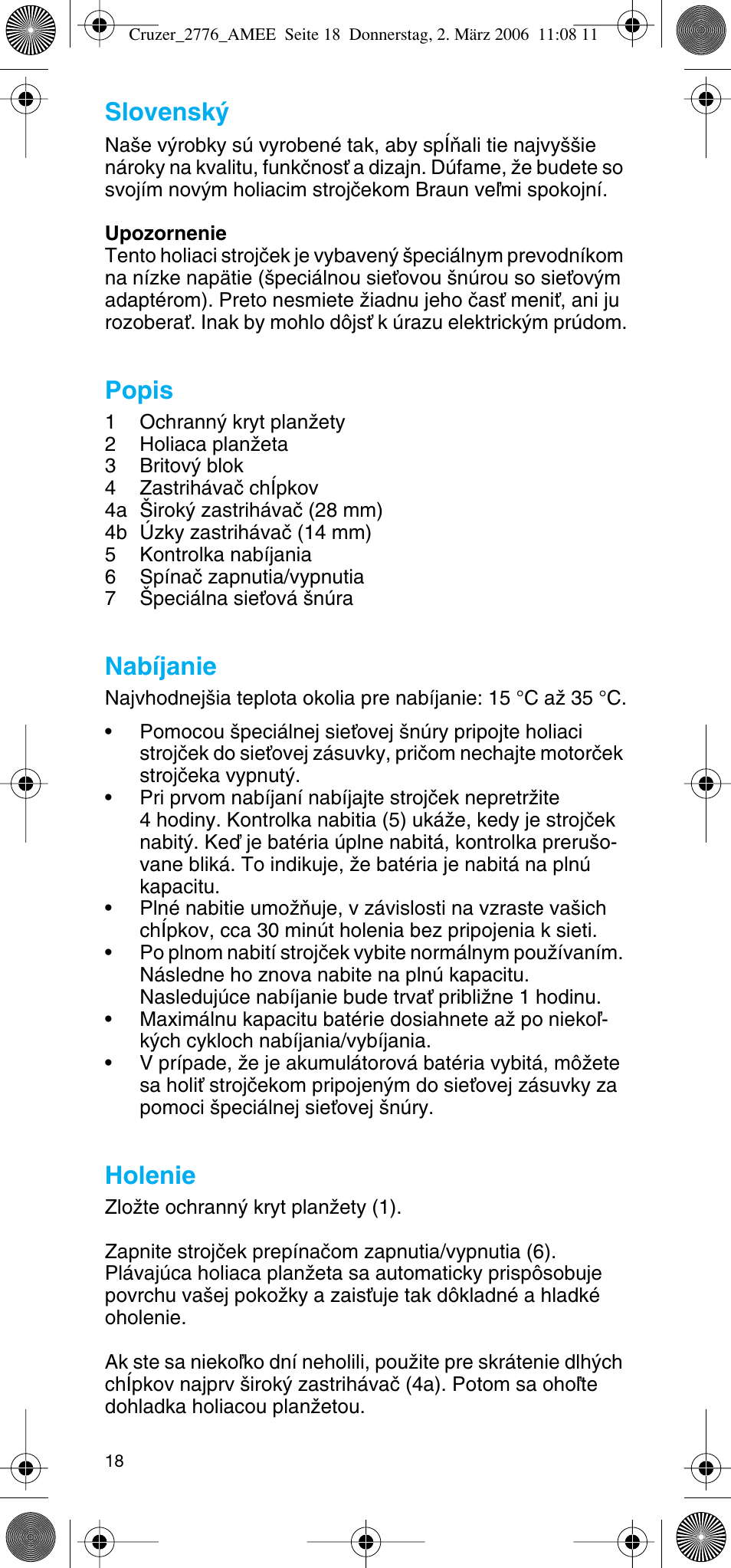 Slovensk, Popis, Nabíjanie | Holenie | Braun 2776 User Manual | Page 17 / 51