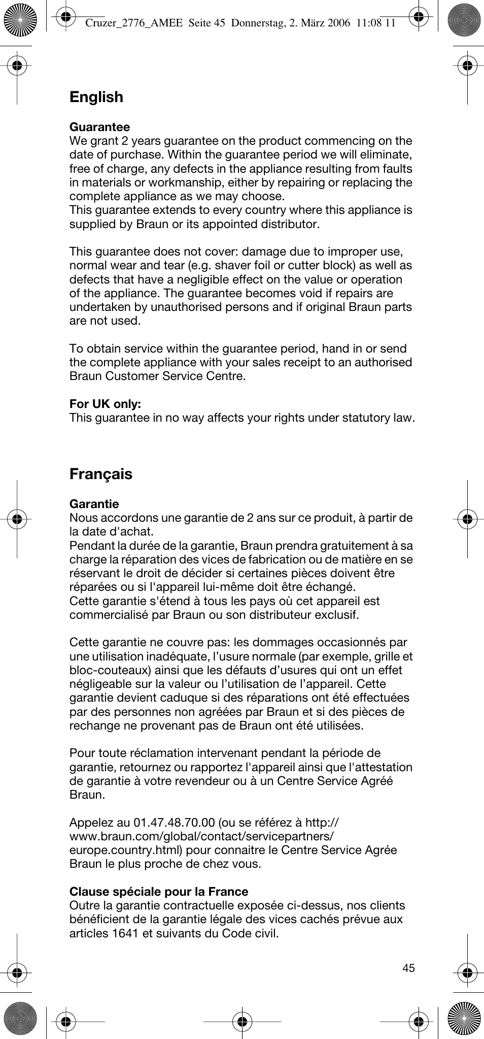 English, Français | Braun 2776 User Manual | Page 44 / 51