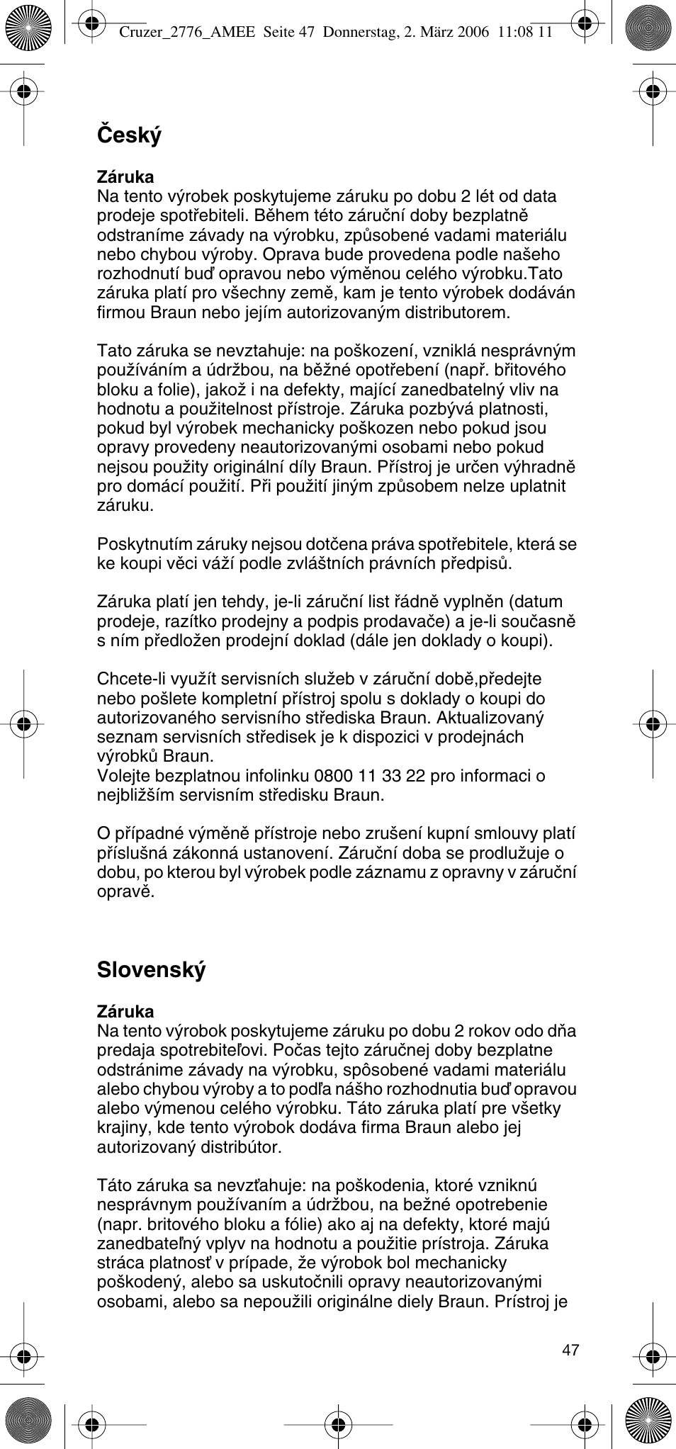 Âesk, Slovensk | Braun 2776 User Manual | Page 46 / 51