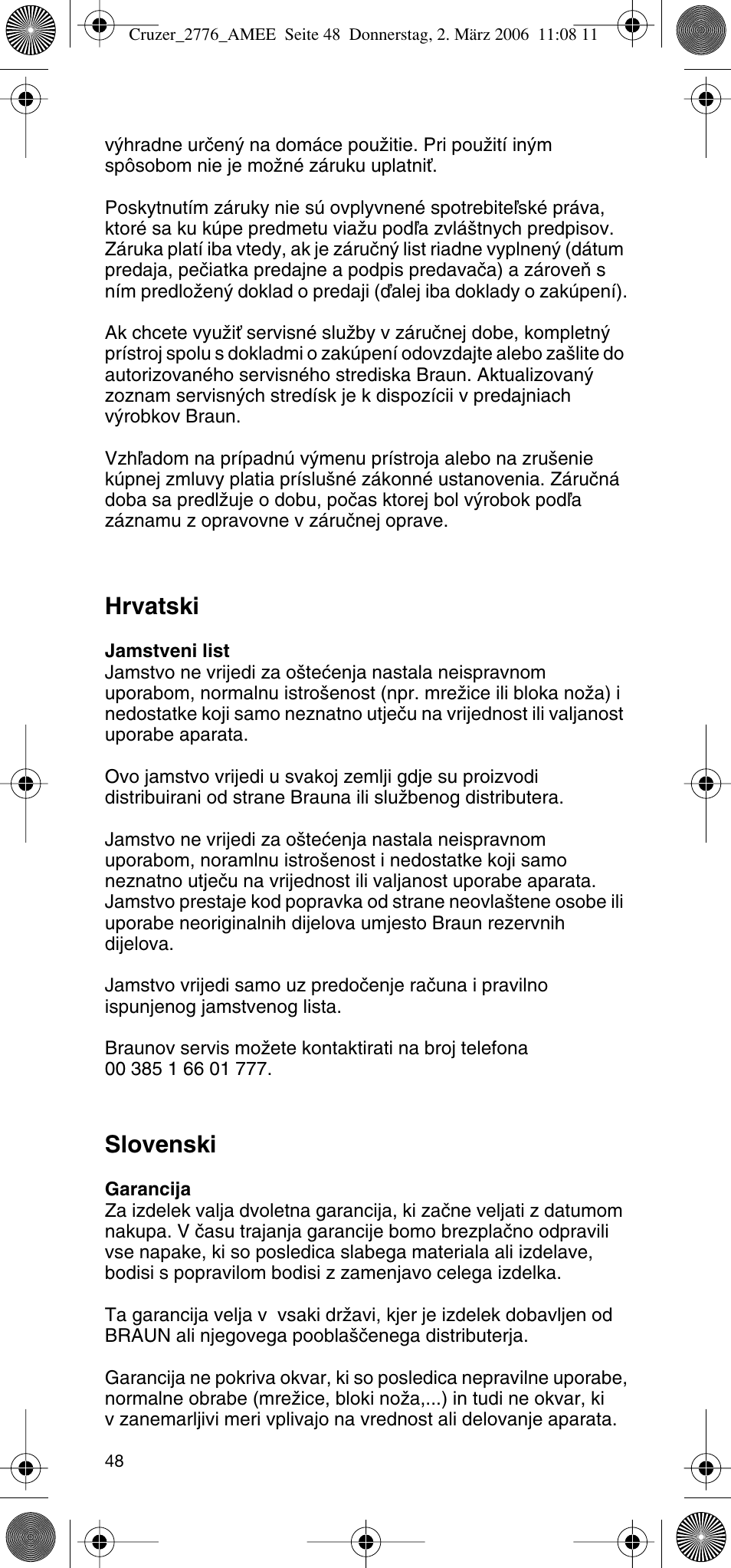 Hrvatski, Slovenski | Braun 2776 User Manual | Page 47 / 51