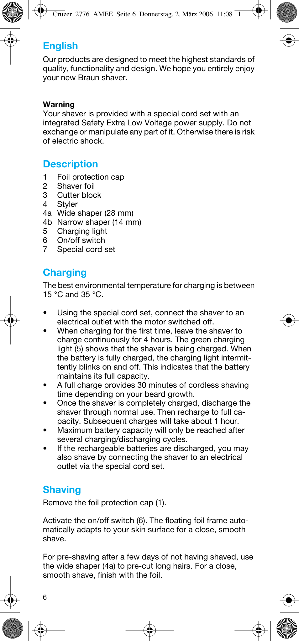 Description, Charging, Shaving | English | Braun 2776 User Manual | Page 5 / 51