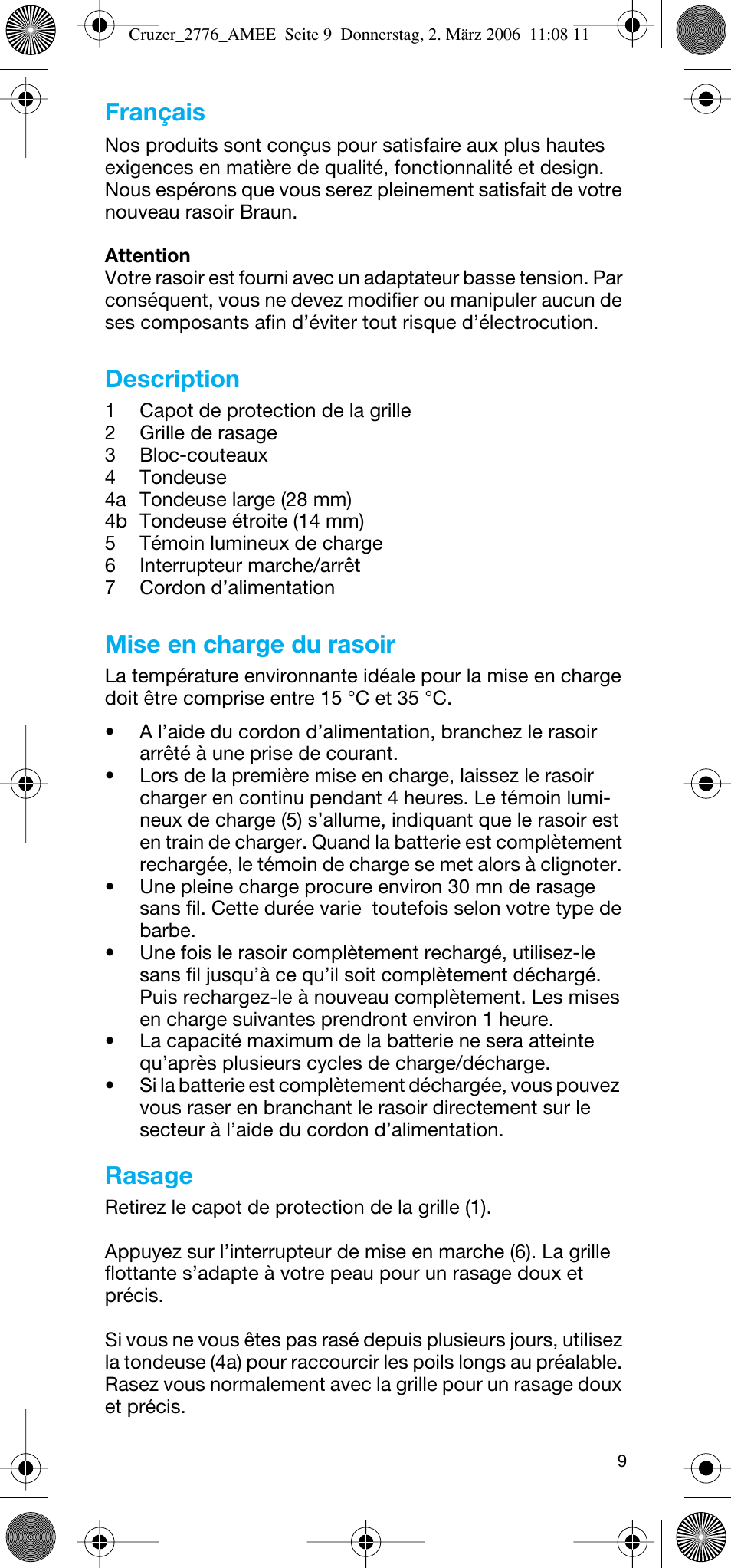 Français, Description, Mise en charge du rasoir | Rasage | Braun 2776 User Manual | Page 8 / 51