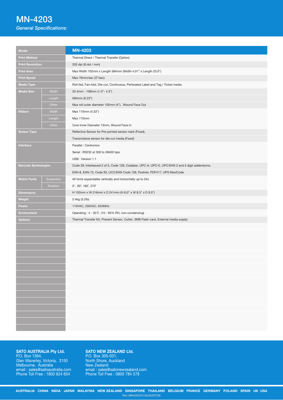 Mn-4203, General specifications | SATO MN-4203 User Manual | Page 2 / 2