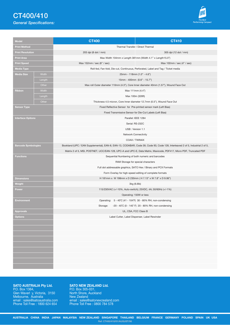 General specifications | SATO CT400/410 User Manual | Page 2 / 2