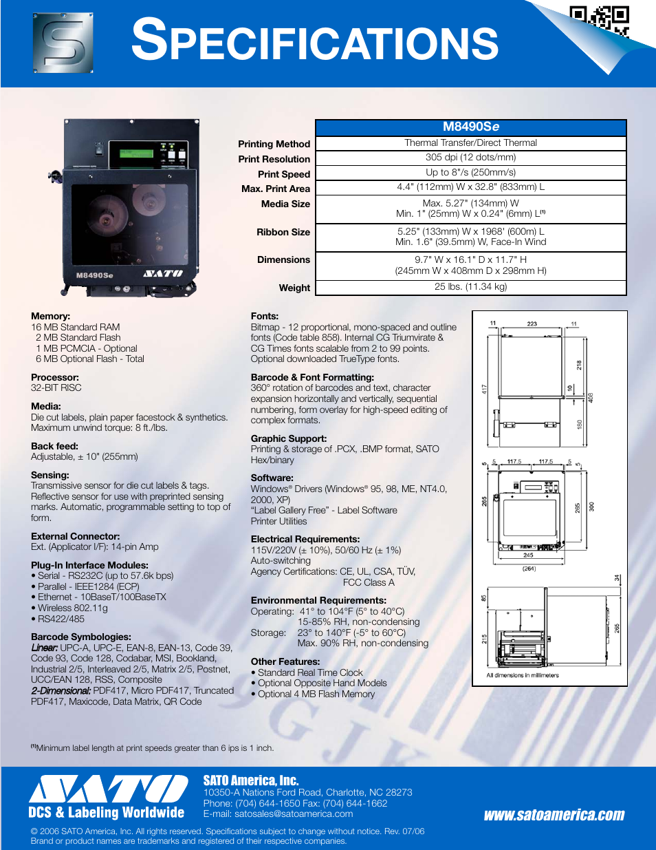 Pecifications | SATO M8490Se User Manual | Page 2 / 2