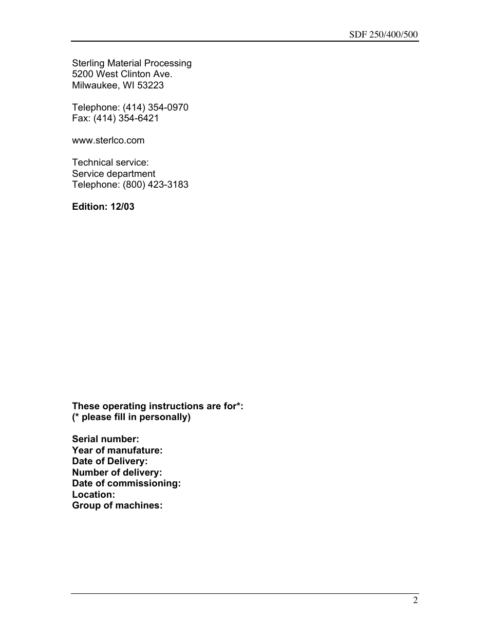 Sterling SDF 250 User Manual | Page 2 / 72