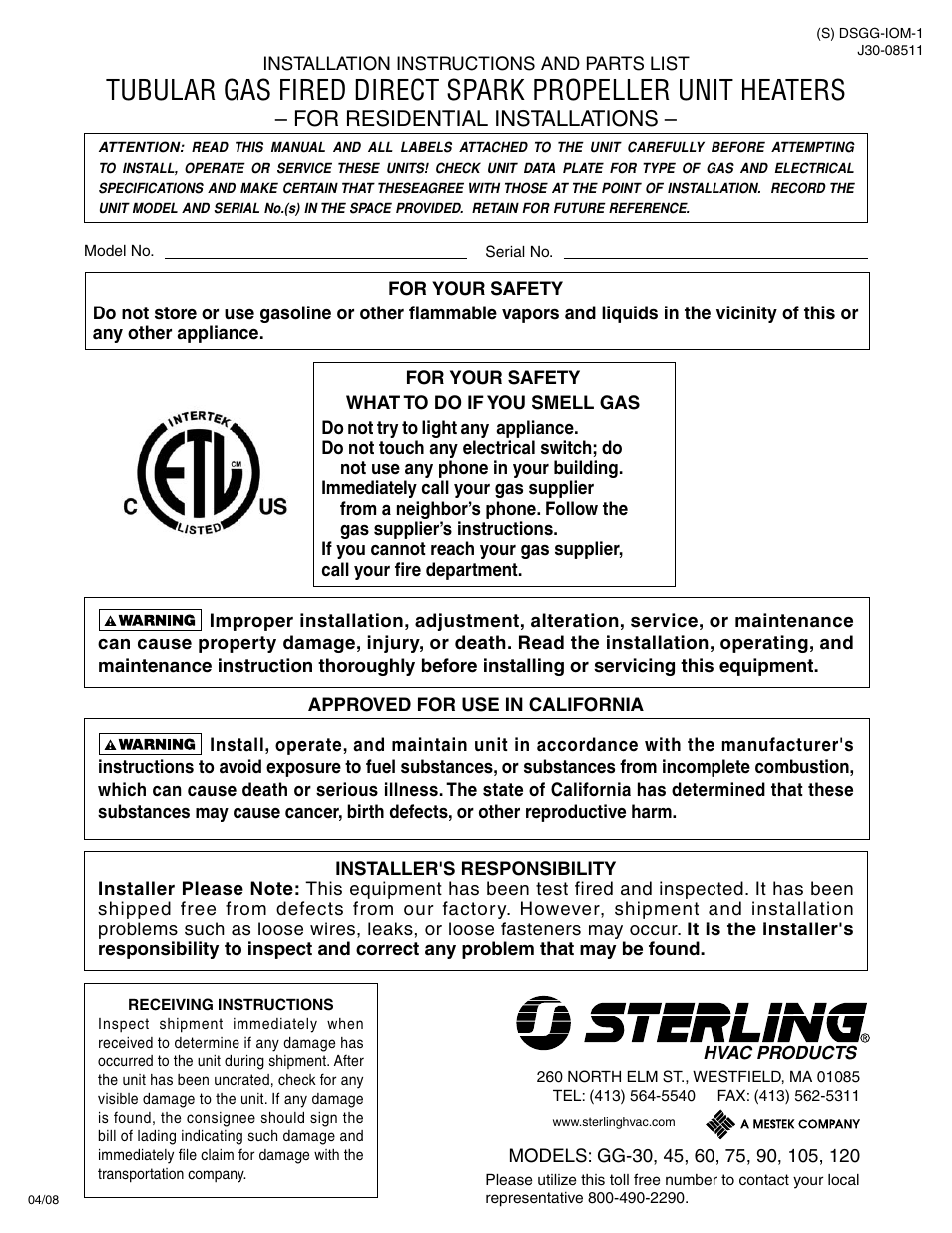 Sterling TUBULAR GAS FIRED DIRECT SPARK PROPELLER UNIT HEATERS GG-30 User Manual | 44 pages