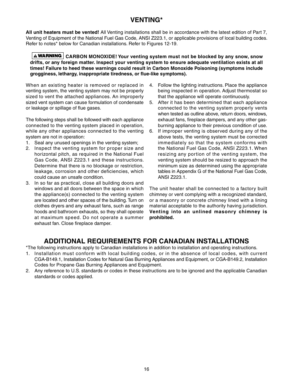 Venting, Additional requirements for canadian installations | Sterling TUBULAR GAS FIRED DIRECT SPARK PROPELLER UNIT HEATERS GG-30 User Manual | Page 16 / 44
