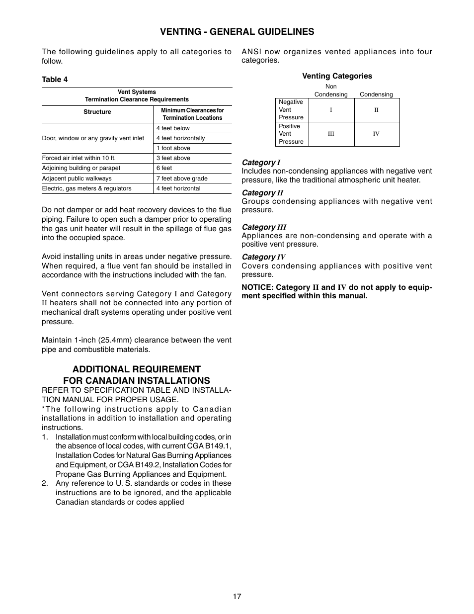 Venting - general guidelines, Additional requirement for canadian installations | Sterling TUBULAR GAS FIRED DIRECT SPARK PROPELLER UNIT HEATERS GG-30 User Manual | Page 17 / 44