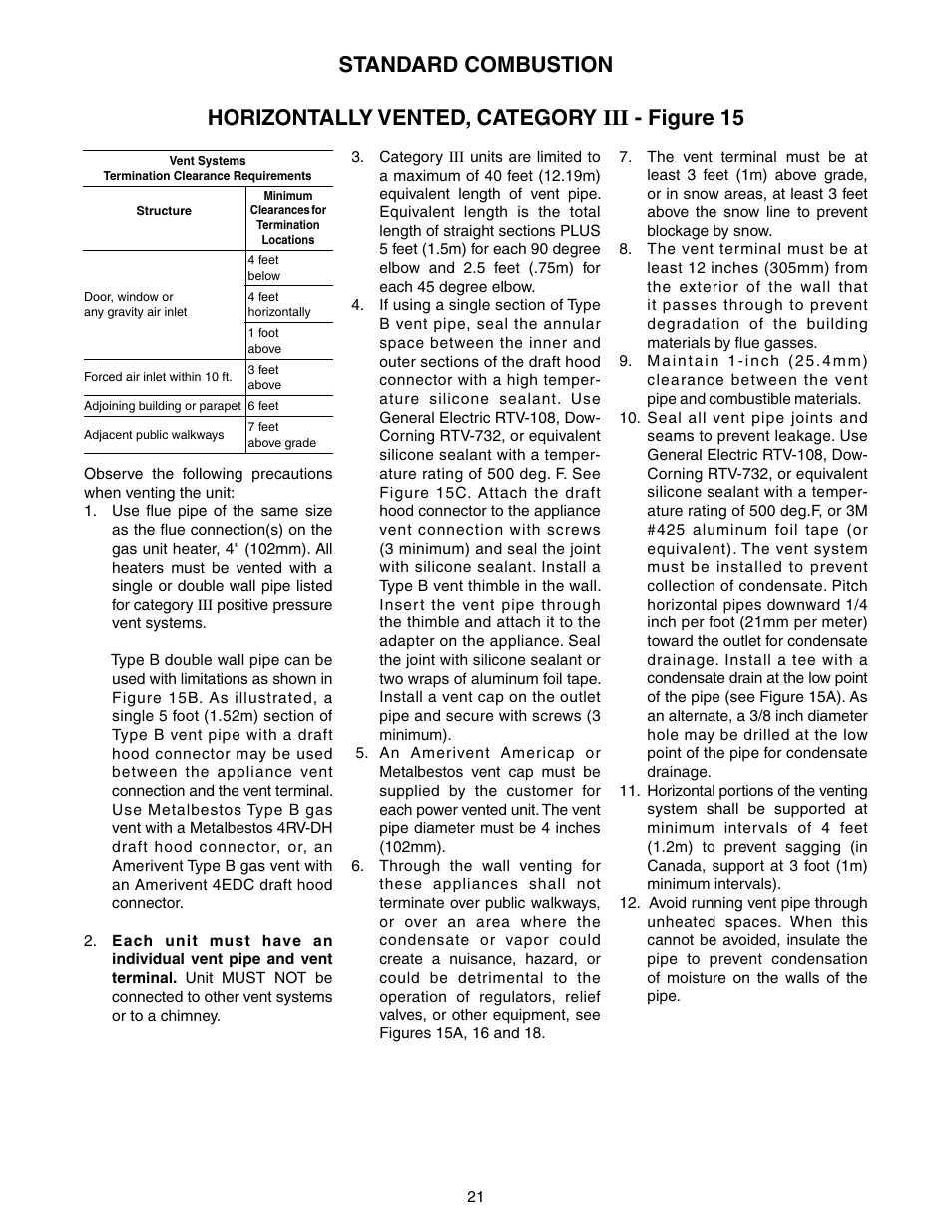 Horizontally vented, category iii - figure 15, Standard combustion | Sterling TUBULAR GAS FIRED DIRECT SPARK PROPELLER UNIT HEATERS GG-30 User Manual | Page 21 / 44