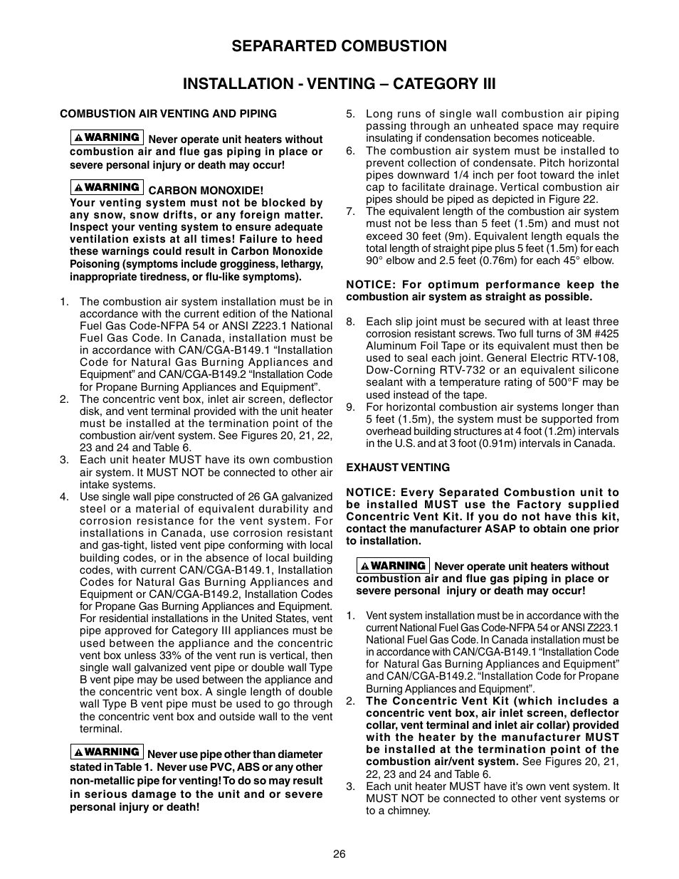 Installation - venting – category iii, Separarted combustion | Sterling TUBULAR GAS FIRED DIRECT SPARK PROPELLER UNIT HEATERS GG-30 User Manual | Page 26 / 44
