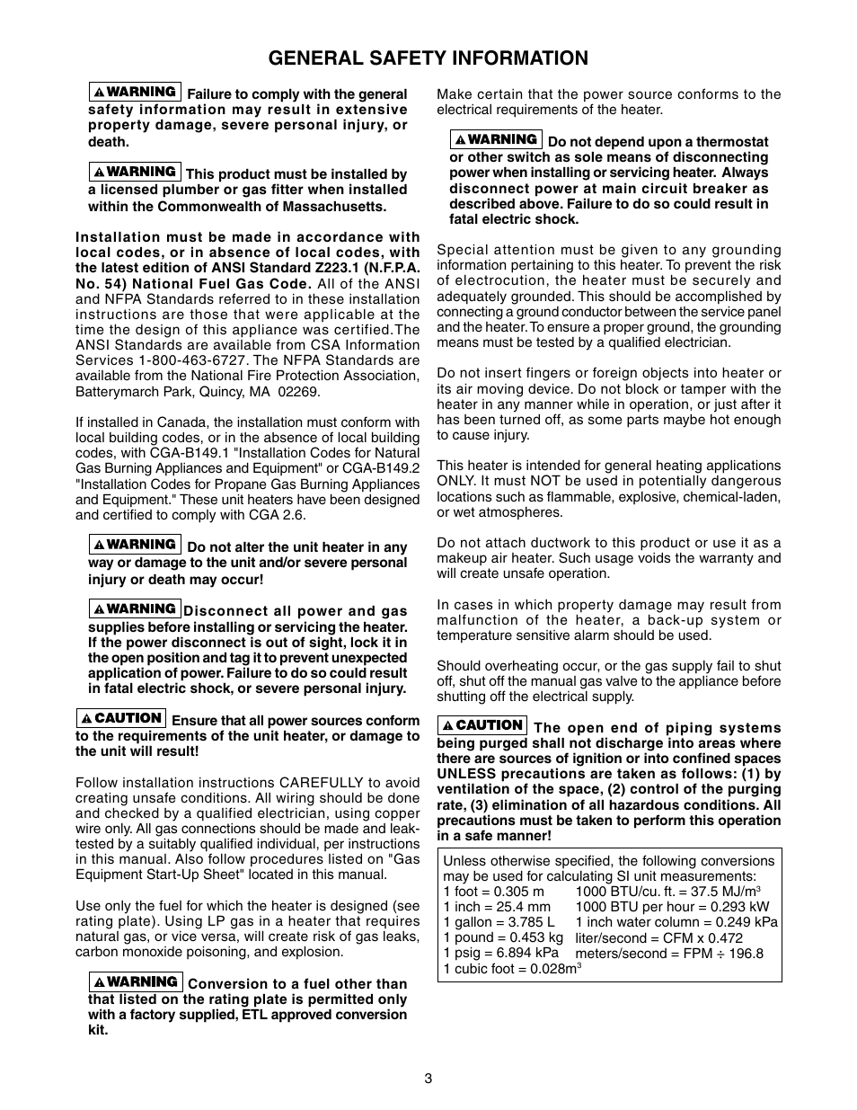 General safety information | Sterling TUBULAR GAS FIRED DIRECT SPARK PROPELLER UNIT HEATERS GG-30 User Manual | Page 3 / 44