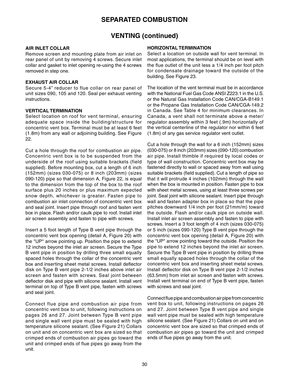 Venting (continued), Separated combustion | Sterling TUBULAR GAS FIRED DIRECT SPARK PROPELLER UNIT HEATERS GG-30 User Manual | Page 30 / 44