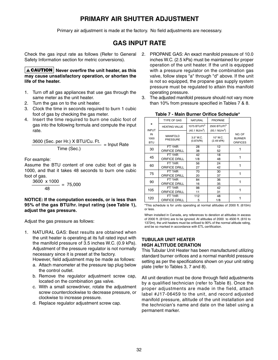 Primary air shutter adjustment, Gas input rate | Sterling TUBULAR GAS FIRED DIRECT SPARK PROPELLER UNIT HEATERS GG-30 User Manual | Page 32 / 44