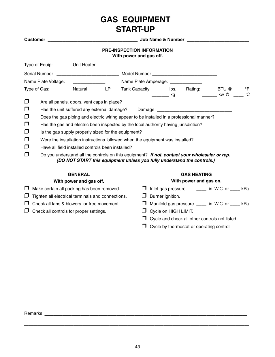 Gas equipment start-up | Sterling TUBULAR GAS FIRED DIRECT SPARK PROPELLER UNIT HEATERS GG-30 User Manual | Page 43 / 44