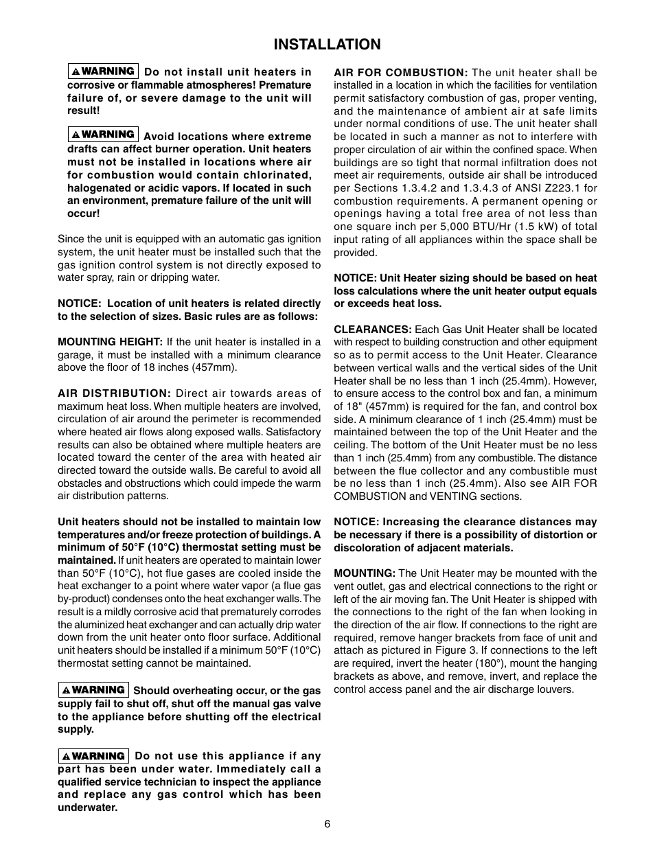Installation | Sterling TUBULAR GAS FIRED DIRECT SPARK PROPELLER UNIT HEATERS GG-30 User Manual | Page 6 / 44