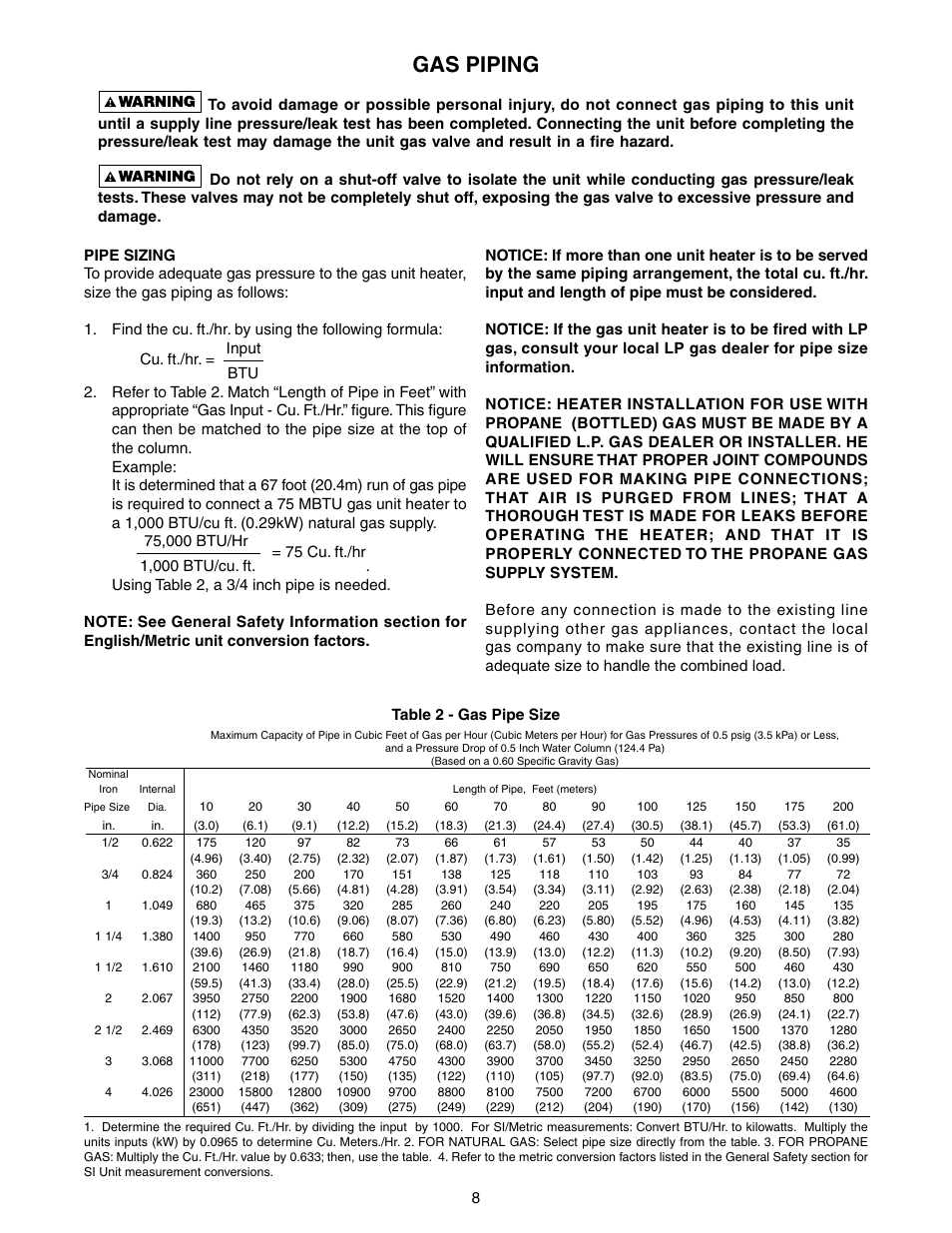 Gas piping | Sterling TUBULAR GAS FIRED DIRECT SPARK PROPELLER UNIT HEATERS GG-30 User Manual | Page 8 / 44