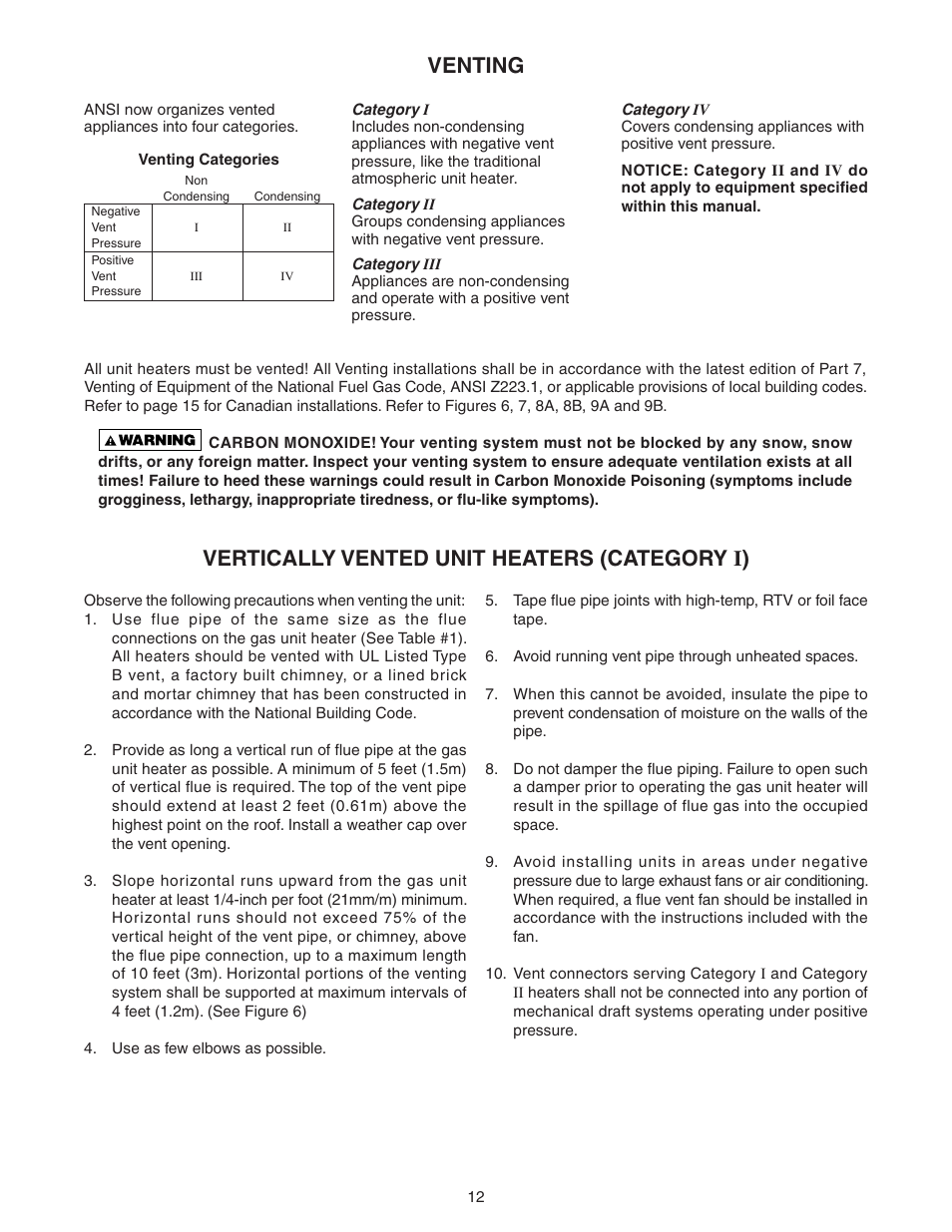 Venting, Vertically vented unit heaters (category i) | Sterling TF-300 User Manual | Page 12 / 28