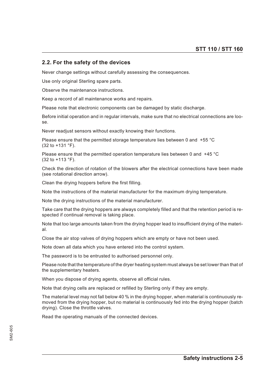 For the safety of the devices 2-5, For the safety of the de vices -5, For the sa fe ty of the de vi ces | Sterling STT 160 User Manual | Page 14 / 57