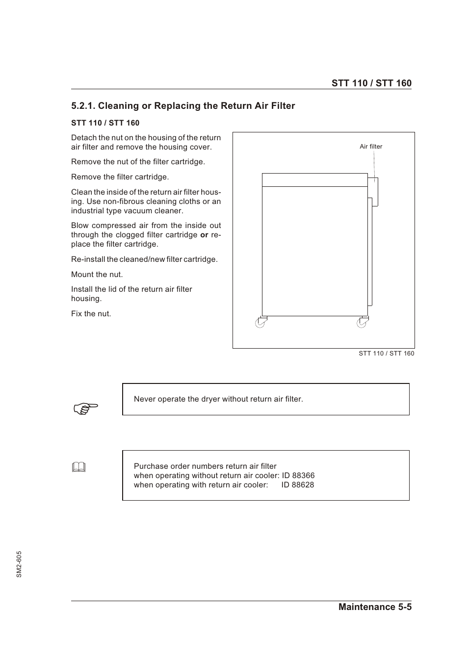 Cleaning or replacing the return air filter 5-5 | Sterling STT 160 User Manual | Page 28 / 57