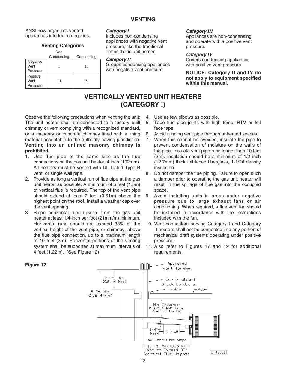 Vertically vented unit heaters (category i ) | Sterling RF-45 User Manual | Page 12 / 32