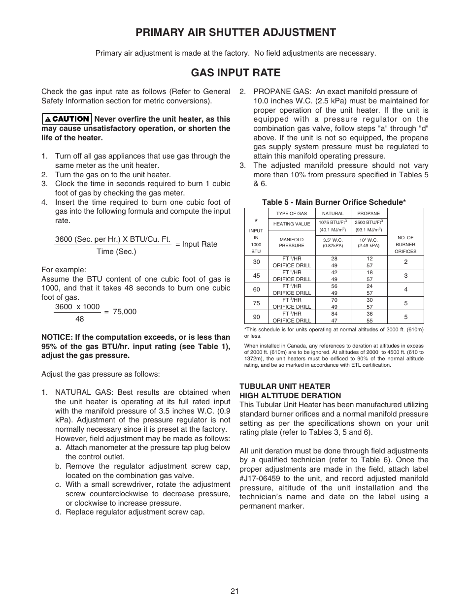 Primary air shutter adjustment, Gas input rate | Sterling RF-45 User Manual | Page 21 / 32
