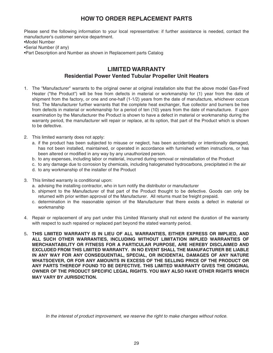 How to order replacement parts, Limited warranty | Sterling RF-45 User Manual | Page 29 / 32