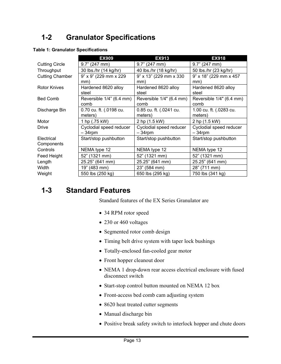 2 granulator specifications, 3 standard features | Sterling EX909 User Manual | Page 13 / 44