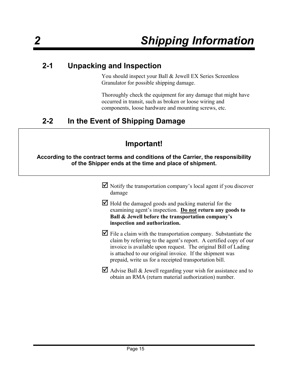 2 shipping information | Sterling EX909 User Manual | Page 15 / 44