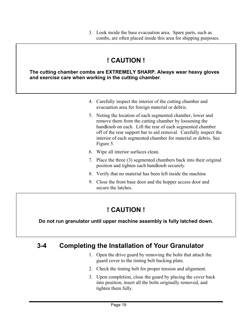 Caution, 4 completing the installation of your granulator | Sterling EX909 User Manual | Page 19 / 44