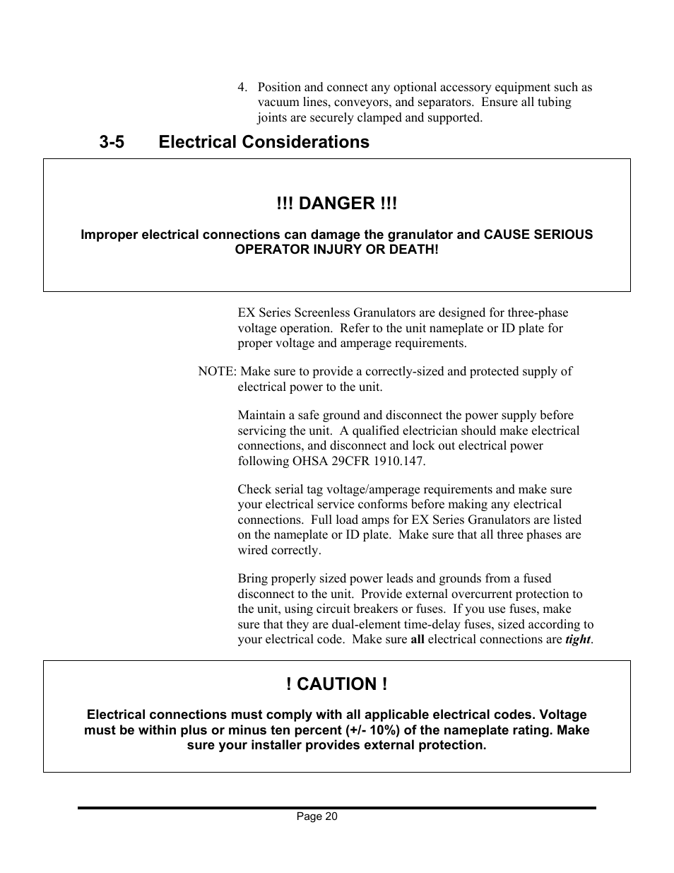 5 electrical considerations !!! danger, Caution | Sterling EX909 User Manual | Page 20 / 44