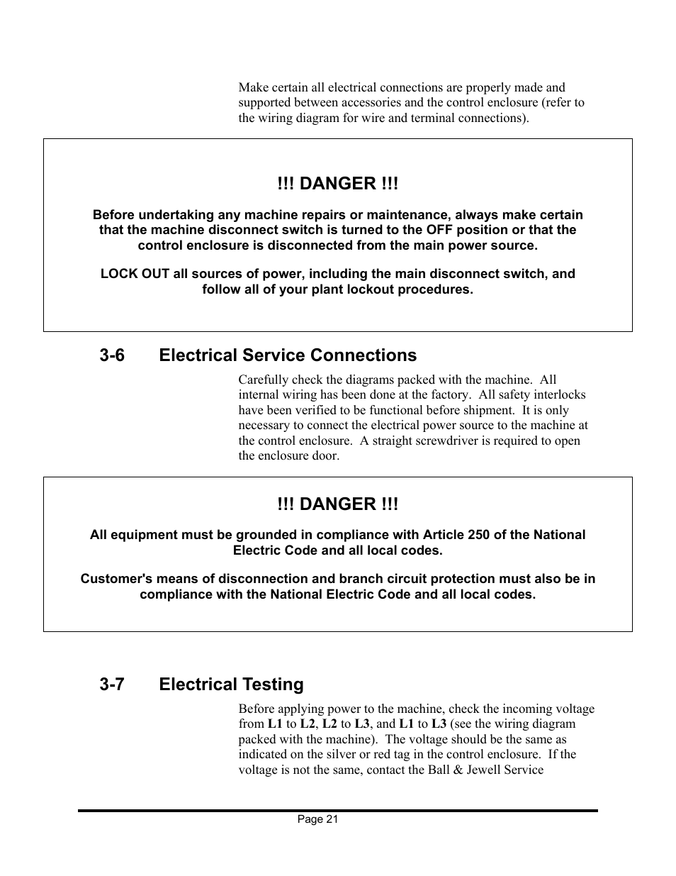 Danger, 6 electrical service connections, 7 electrical testing | Sterling EX909 User Manual | Page 21 / 44