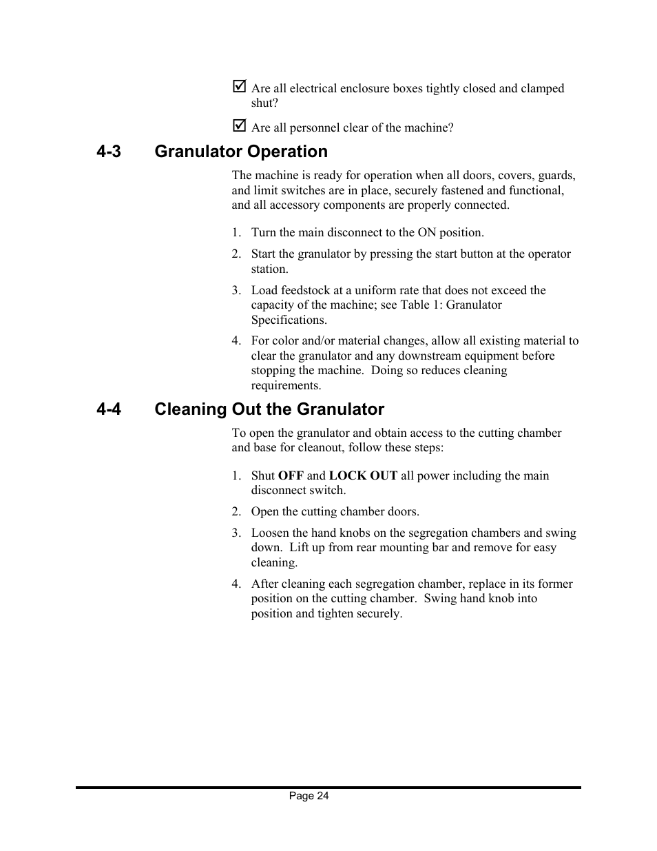 3 granulator operation, 4 cleaning out the granulator | Sterling EX909 User Manual | Page 24 / 44