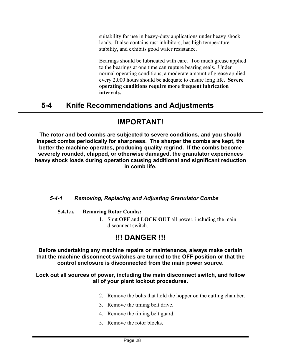 4 knife recommendations and adjustments important, Danger | Sterling EX909 User Manual | Page 28 / 44